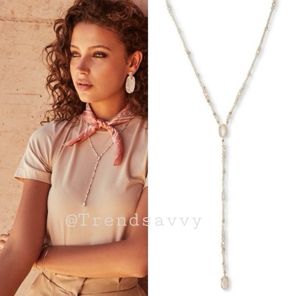 KENDRA SCOTT GOLD Y NECKLACE IVORY MORHER PEARL BEADED DROP CHAIN STATEMENT NWT